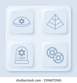 Set line Jewish kippah with star of david, Egypt pyramids, Tombstone with star of david and Jewish coin. White square button. Vector