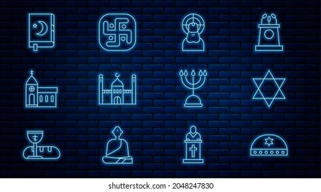 Set line Jewish kippah with star of david, Star David, Jesus Christ, Muslim Mosque, Church building, Holy book Koran, Hanukkah menorah and Jainism icon. Vector