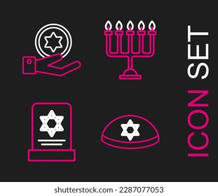 Set line Jewish kippah with star of david, Tombstone, Hanukkah menorah and coin hand icon. Vector