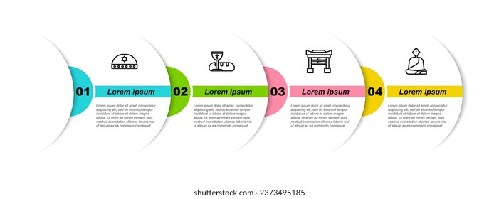 Set line Jewish kippah with star of david, First communion symbols, Japan Gate and Buddhist monk. Business infographic template. Vector