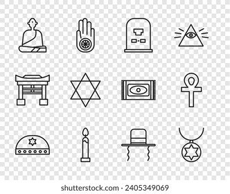 Set line Jewish kippah with star of david, Star David necklace on chain, Tombstone RIP written, Burning candle, Buddhist monk, Orthodox jewish hat sidelocks and Cross ankh icon. Vector