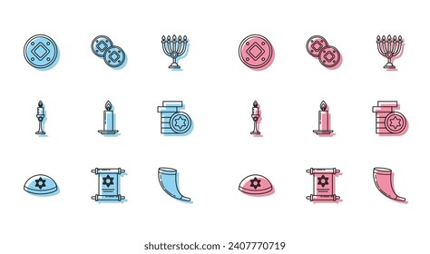 Set line Jewish kippah with star of david, Torah scroll, coin, Traditional ram horn, shofar, Burning candle candlestick,  and  icon. Vector