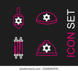 Set line Jewish kippah with star of david, Torah scroll,  and Hanukkah dreidel icon. Vector