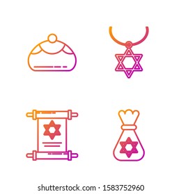 Set line Jewish money bag with star of david, Torah scroll, Jewish sweet bakery and Star of David necklace on chain. Gradient color icons. Vector