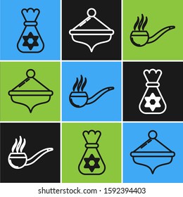 Set line Jewish money bag with star of david, Smoking pipe with smoke and Hanukkah dreidel icon. Vector