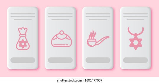 Set line Jewish money bag with star of david, Jewish sweet bakery, Smoking pipe with smoke and Star of David necklace on chain. White rectangle button. Vector