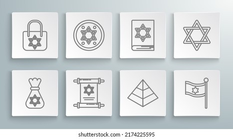 Set line Jewish money bag with star of david, coin, Torah scroll, Egypt pyramids, Flag Israel, torah book, Star David and Shopping icon. Vector