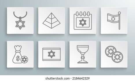 Ponga en línea la bolsa de dinero judía con estrella de david y moneda, pirámides de Egipto, bandera de Israel, goblet, calendario e icono de la cadena de collar de Star David. Vector