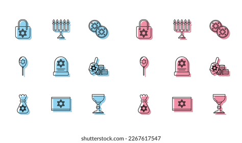 Set line Jewish money bag with star of david, Flag Israel, Shopping, goblet, Tombstone, Hanukkah dreidel and coin, Balloons ribbon and menorah icon. Vector