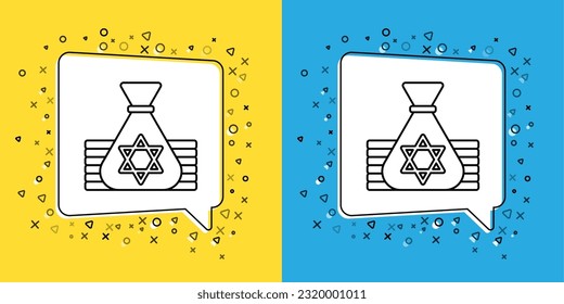 Set line Jewish money bag with star of david icon isolated on yellow and blue background. Currency symbol.  Vector