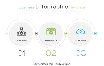 Ponga en línea la bolsa de dinero judía, el calendario y el kippa. Plantilla de infografía empresarial. Vector