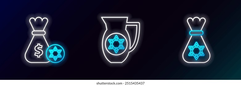 Set line Jewish money bag with star of david, and coin and Decanter icon. Glowing neon. Vector