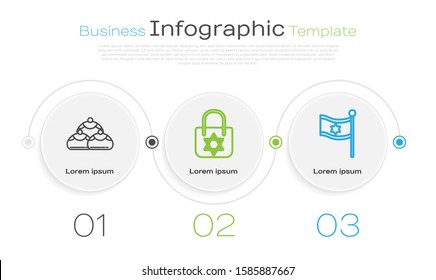 Set line Jewish sweet bakery, Shopping bag with star of david and Flag of Israel. Business infographic template. Vector