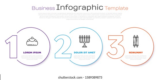 Set line Jewish sweet bakery, Hanukkah menorah and Torah scroll. Business infographic template. Vector