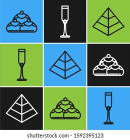 Set line Jewish sweet bakery, Egypt pyramids and Jewish goblet icon. Vector