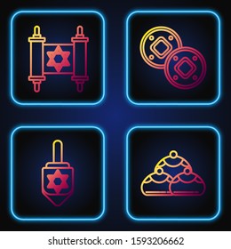 Set line Jewish sweet bakery, Hanukkah dreidel, Torah scroll and Jewish coin. Gradient color icons. Vector