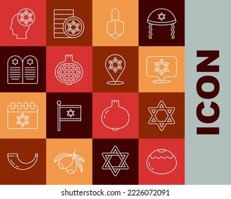 Set line Jewish sweet bakery, Star of David, Hanukkah dreidel, Pomegranate, Tombstone with star david, Orthodox jewish hat and  icon. Vector