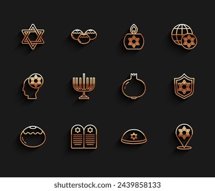 Set line Jewish sweet bakery, Tombstone with star of david, Star David, kippah, Hanukkah menorah, Shield and Pomegranate icon. Vector