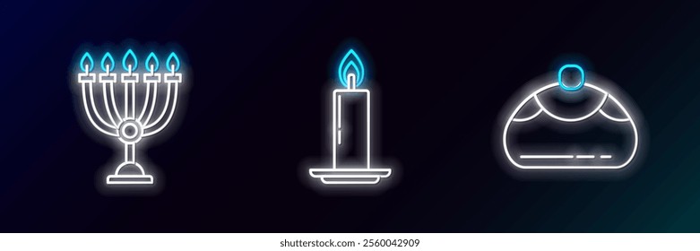 Set line Jewish sweet bakery, Hanukkah menorah and Burning candle in candlestick icon. Glowing neon. Vector