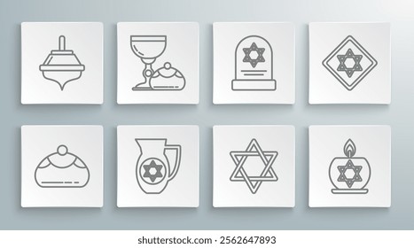 Set line Jewish sweet bakery, goblet and hanukkah sufganiyot, Decanter with star of david, Star David, Burning candle in candlestick, Tombstone,  and Hanukkah dreidel icon. Vector