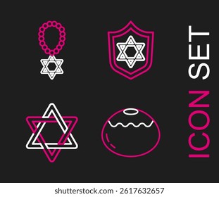 Set line Jewish sweet bakery, Star of David, Shield with and necklace on chain icon. Vector