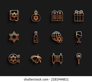 Set line Jewish synagogue, Olives branch, torah book, Torah scroll, Balloon with star of david, wine bottle, goblet and World Globe and Israel icon. Vector