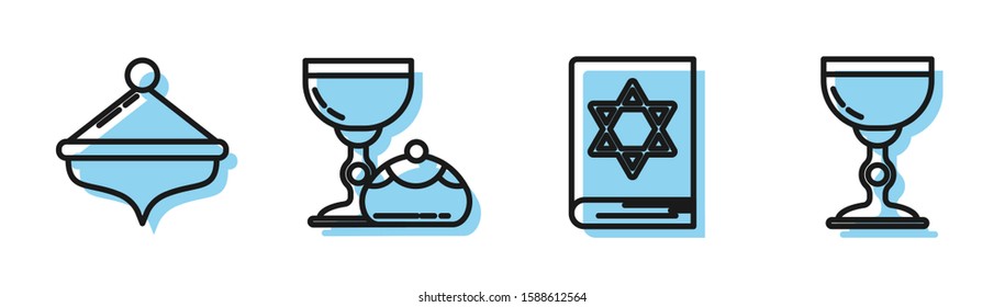 Set line Jewish torah book, Hanukkah dreidel, Jewish goblet and hanukkah sufganiyot and Jewish goblet icon. Vector
