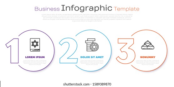 Set line Jewish torah book, Jewish coin and Jewish sweet bakery. Business infographic template. Vector