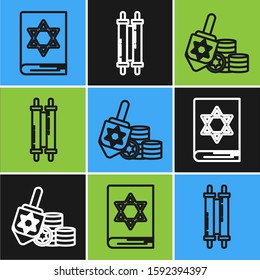 Set line Jewish torah book, Hanukkah dreidel and coin and Torah scroll icon. Vector