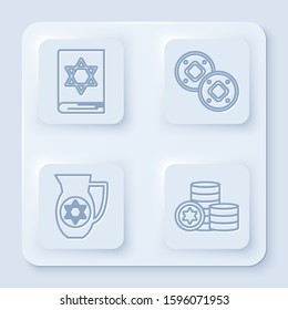 Set line Jewish torah book, Jewish coin, Decanter with star of david and Jewish coin. White square button. Vector