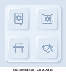 Set line Jewish torah book, Torah scroll, Orthodox jewish hat and Olives branch. White square button. Vector