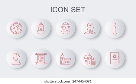 Set line Jewish torah book, Stage stand tribune, Easter egg, Church building, Pentagram circle, Ramadan Kareem lantern, Decree, paper, parchment, scroll and  icon. Vector