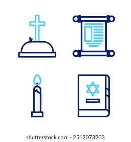Set line Jewish torah book, Burning candle, Decree, paper, parchment, scroll and Tombstone with cross icon. Vector