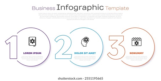 Fije la línea del libro judío de la Torá, sombrero judío ortodoxo y calendario. Plantilla de infografía de negocios. Vector