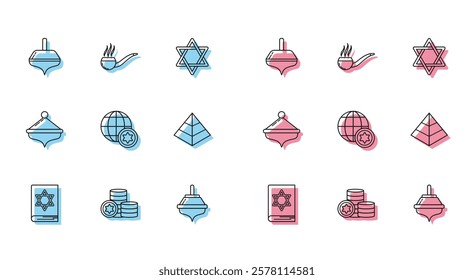 Set line Jewish torah book, coin, Hanukkah dreidel, World Globe and Israel, Egypt pyramids,  and Smoking pipe with smoke icon. Vector