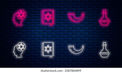 Set line Jewish torah book, Traditional ram horn, shofar, Orthodox jewish hat and wine bottle. Glowing neon icon on brick wall. Vector