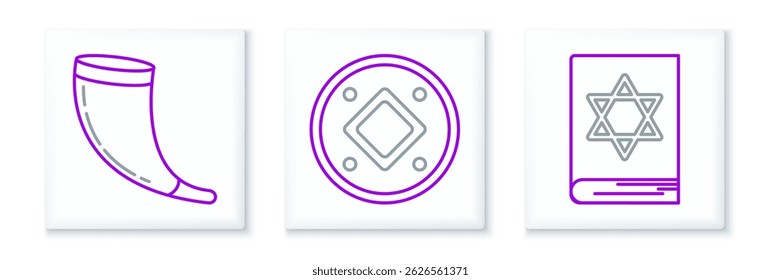 Set line Jewish torah book, Traditional ram horn, shofar and coin icon. Vector