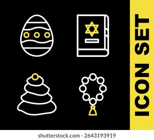 Set line Jewish torah book, Rosary beads religion, Stack hot stones and Easter egg icon. Vector