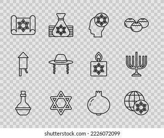 Set line Jewish wine bottle, World Globe and Israel, Orthodox jewish hat, Star of David, Torah scroll, Pomegranate and Hanukkah menorah icon. Vector