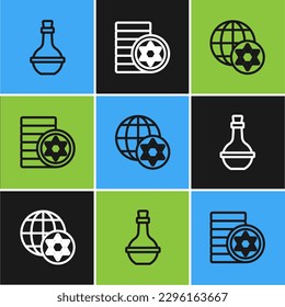 Set line Jewish wine bottle, World Globe and Israel and coin icon. Vector