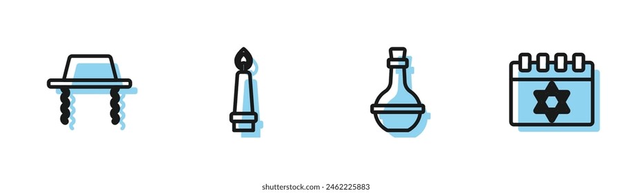Set line Jewish wine bottle, Orthodox jewish hat, Burning candle and calendar icon. Vector