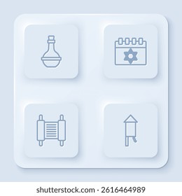 Set line Jewish wine bottle, calendar, Torah scroll and Firework rocket. White square button. Vector
