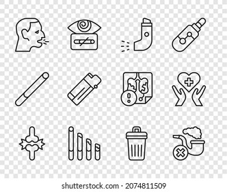 Set line Joint pain, knee pain, Smoking pipe with smoke, Inhaler, cigarette, Man coughing, Lighter, Trash can and Heart cross icon. Vector