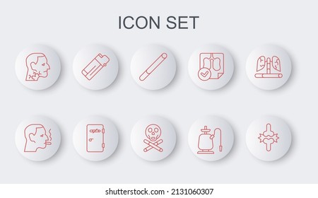 Set line Joint pain, knee pain, Man smoking cigarette, Cigarette, Hookah, Throat cancer, Lighter, No area and Bones and skull icon. Vector