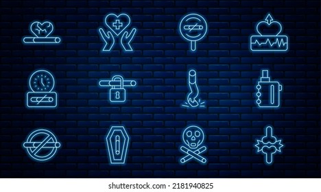 Set line Gelenkschmerzen, Knieschmerzen, elektronische Zigarette, Rauchen, Zeit, Herzkrankheiten mit, Zigarettenstummel und Kreuzsymbol. Vektorgrafik