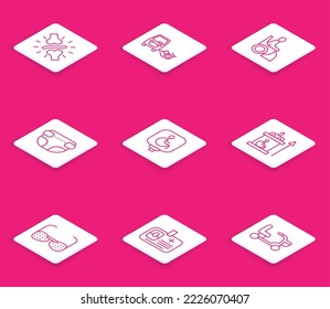 Set line Joint pain, knee pain, Disabled car, Woman wheelchair, Adult diaper, Elevator for disabled, Blind glasses and Identification badge icon. Vector