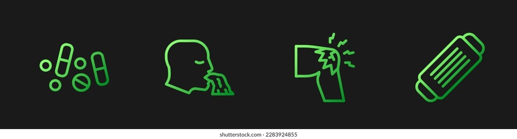 Set line Joint pain, knee pain, Medicine pill or tablet, Vomiting man and Medical protective mask. Gradient color icons. Vector