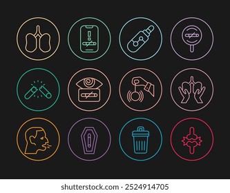 Set line Joint pain, knee pain, Lungs, Electronic cigarette, Hypnosis, Broken,  and No smoking icon. Vector