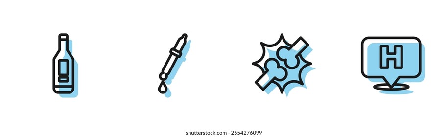 Set line Joint pain, knee pain, Digital thermometer, Pipette and Location hospital icon. Vector