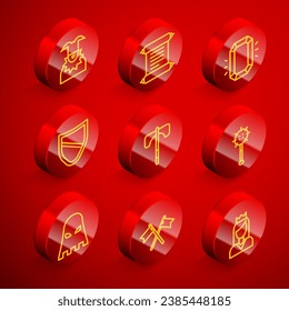 Fijar la línea Cabeza Joker, Decreto, pergamino, pergamino, Diamante, Escudo, hacha medieval, bola de macizo encadenada, máscara de verdugo e icono de bandera medieval cruzada. Vector